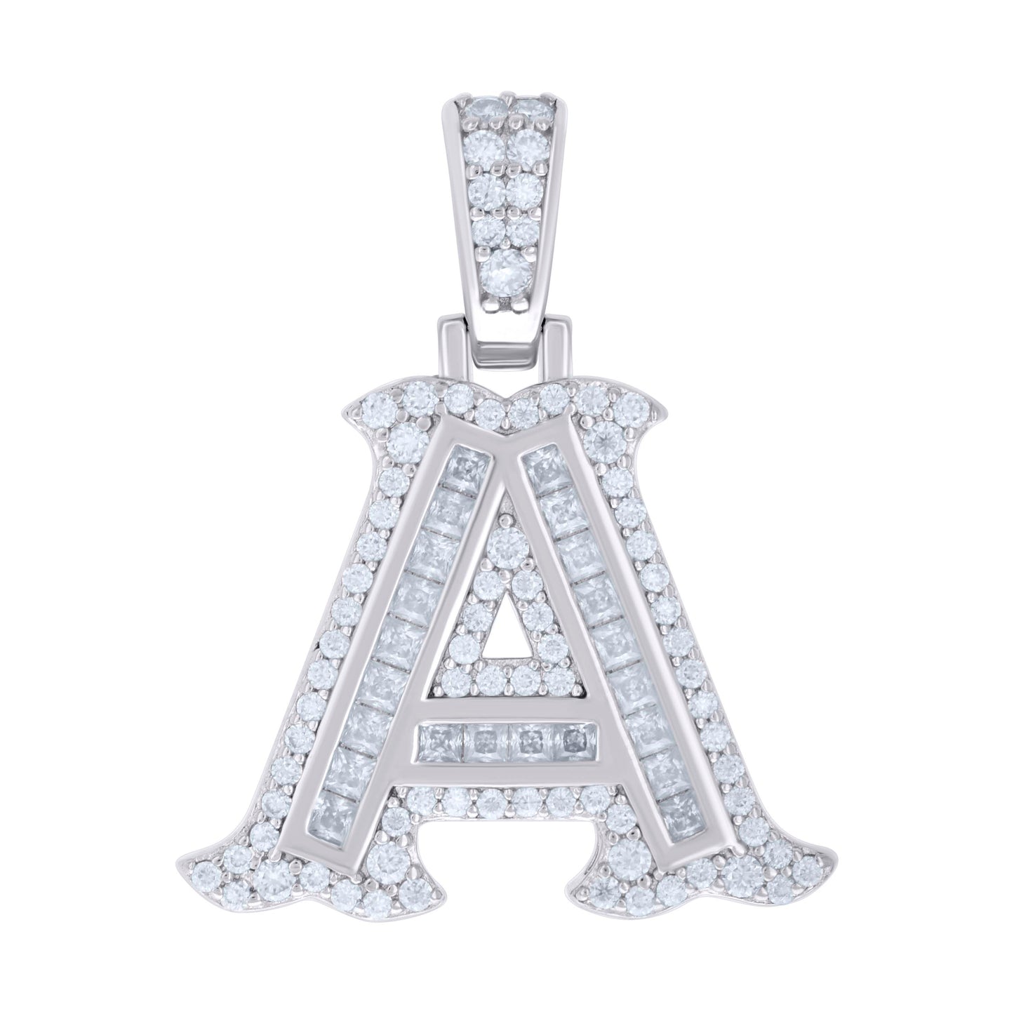 925 Sterling Silver Unisex Baguette Round Moissanite 0.59ct Initial Alphabet A Charm Pendant