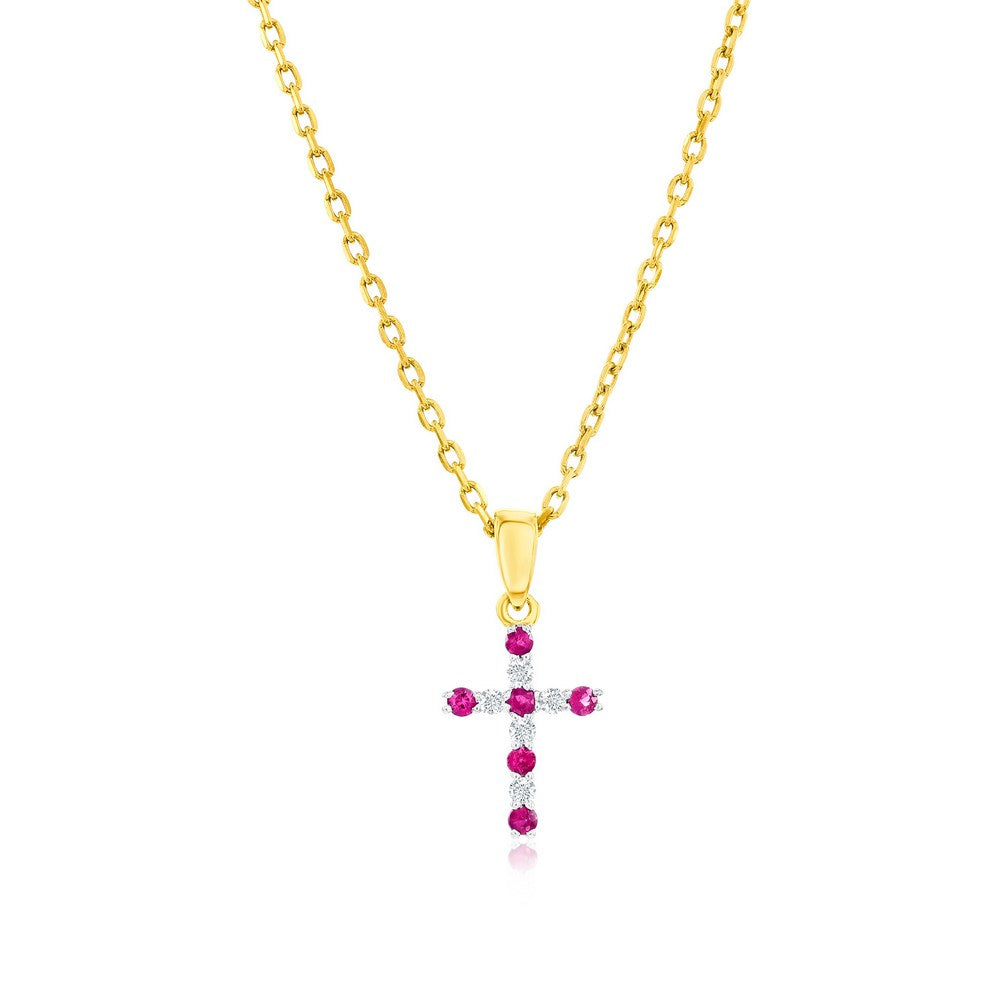 14K Yellow Gold, 0.07ct Ruby & 0.05ct Diamond Cross Pendant - (11 Stones)