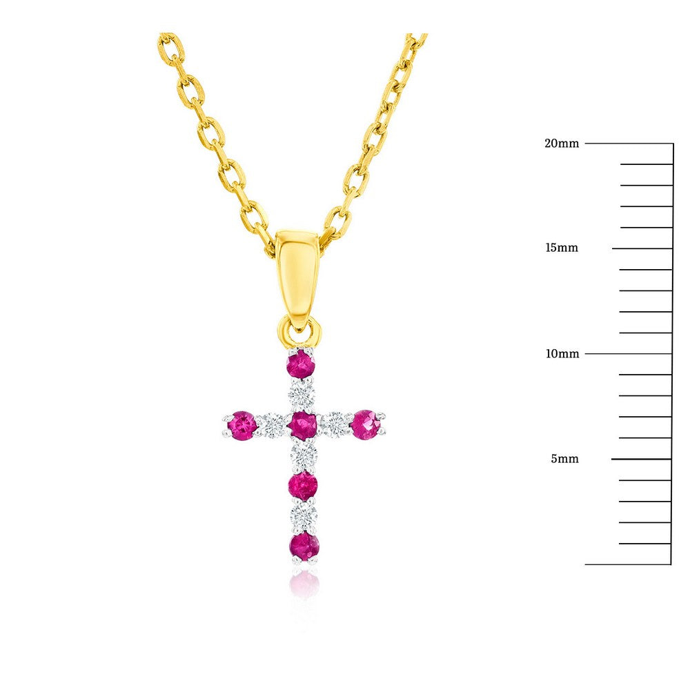14K Yellow Gold, 0.07ct Ruby & 0.05ct Diamond Cross Pendant - (11 Stones)