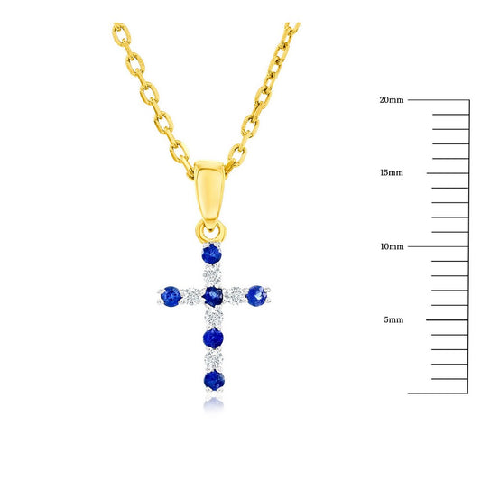 14K Yellow Gold, 0.07ct Sapphire & 0.05ct Diamond Cross Pendant - (11 Stones)