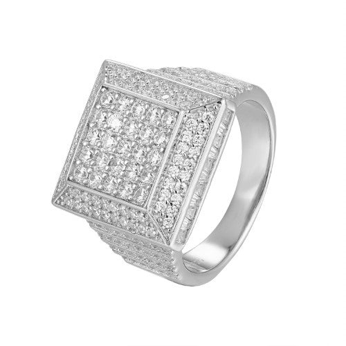 Sterling Silver CZ Square Designer Sz 7 Mens Ring Rhodium Plated