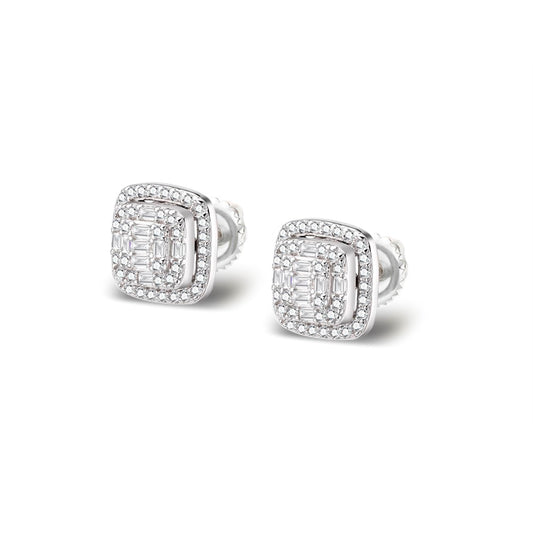 Sterling silver moissanite stud earrings with a square design and sparkling accents