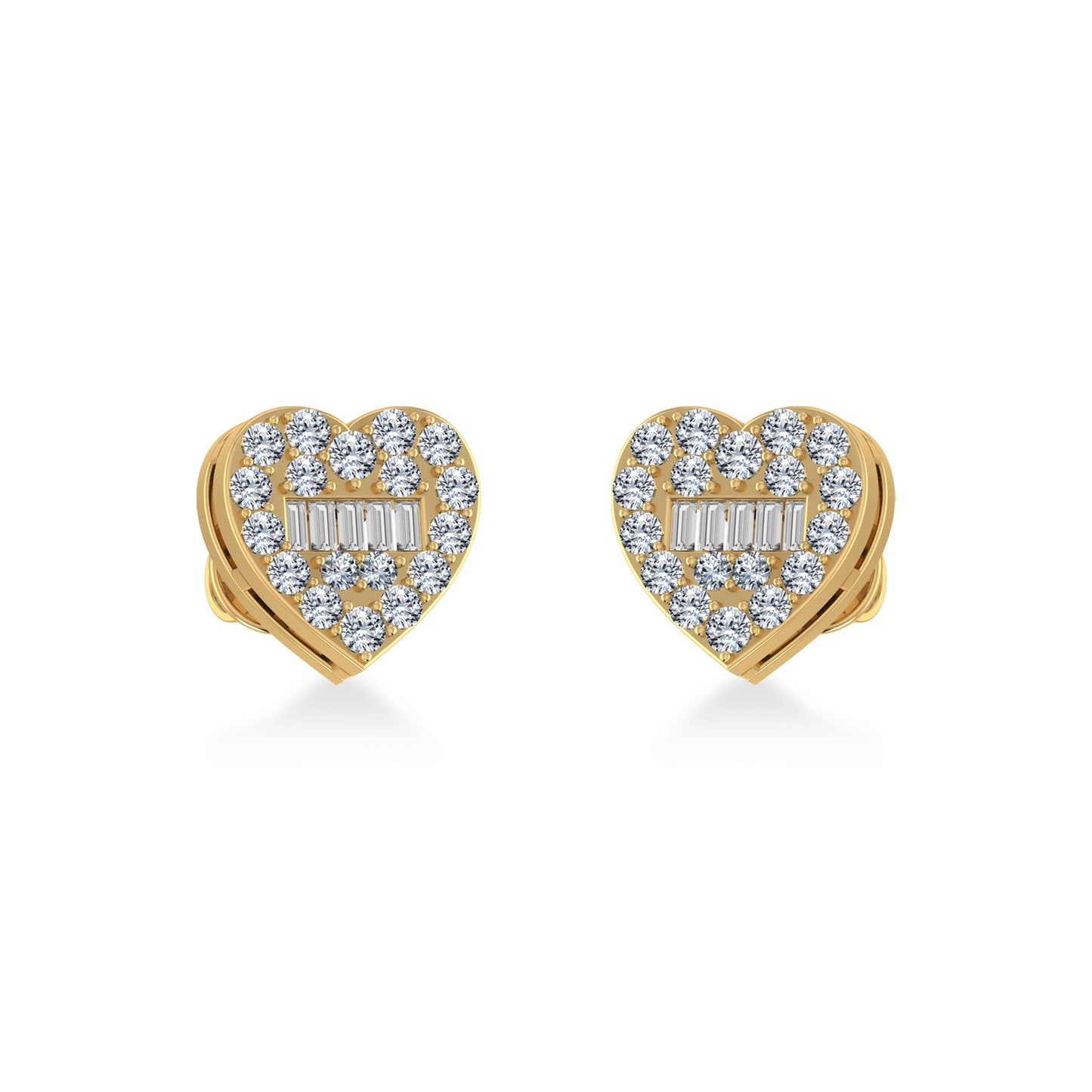 10K Yellow Gold Round Baguette Diamond Heart Shape Cluster Stud Earring 3/8 Cttw
