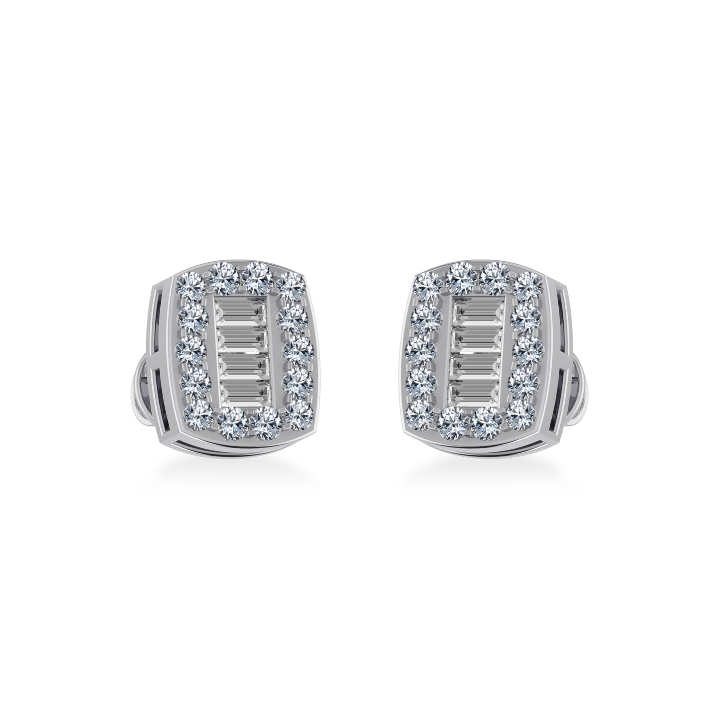 14K White Gold Round Baguette Diamond Stud Earring 3/8 Cttw