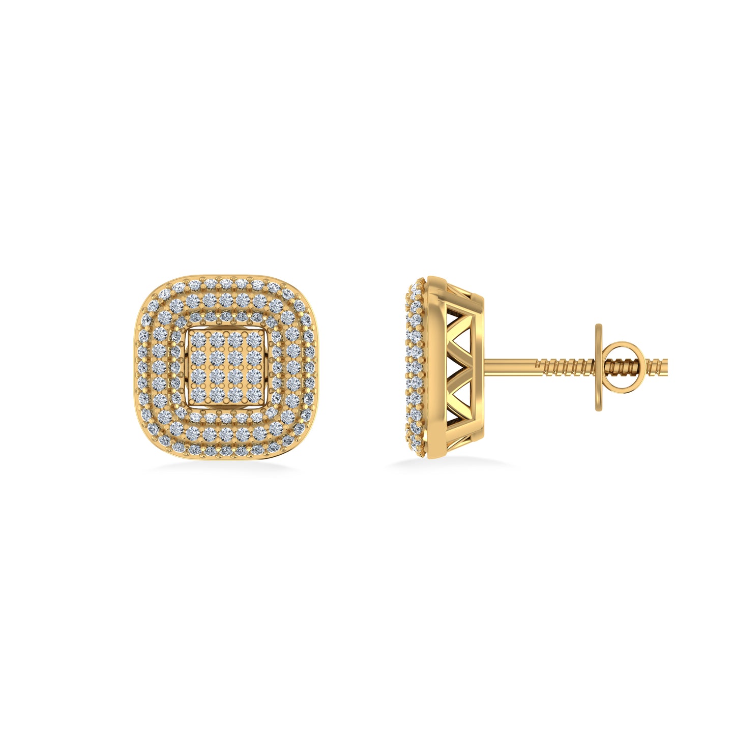 10K Yellow Gold Round Diamond Square Shape Designer Mens Stud Earring 1/4 Cttw