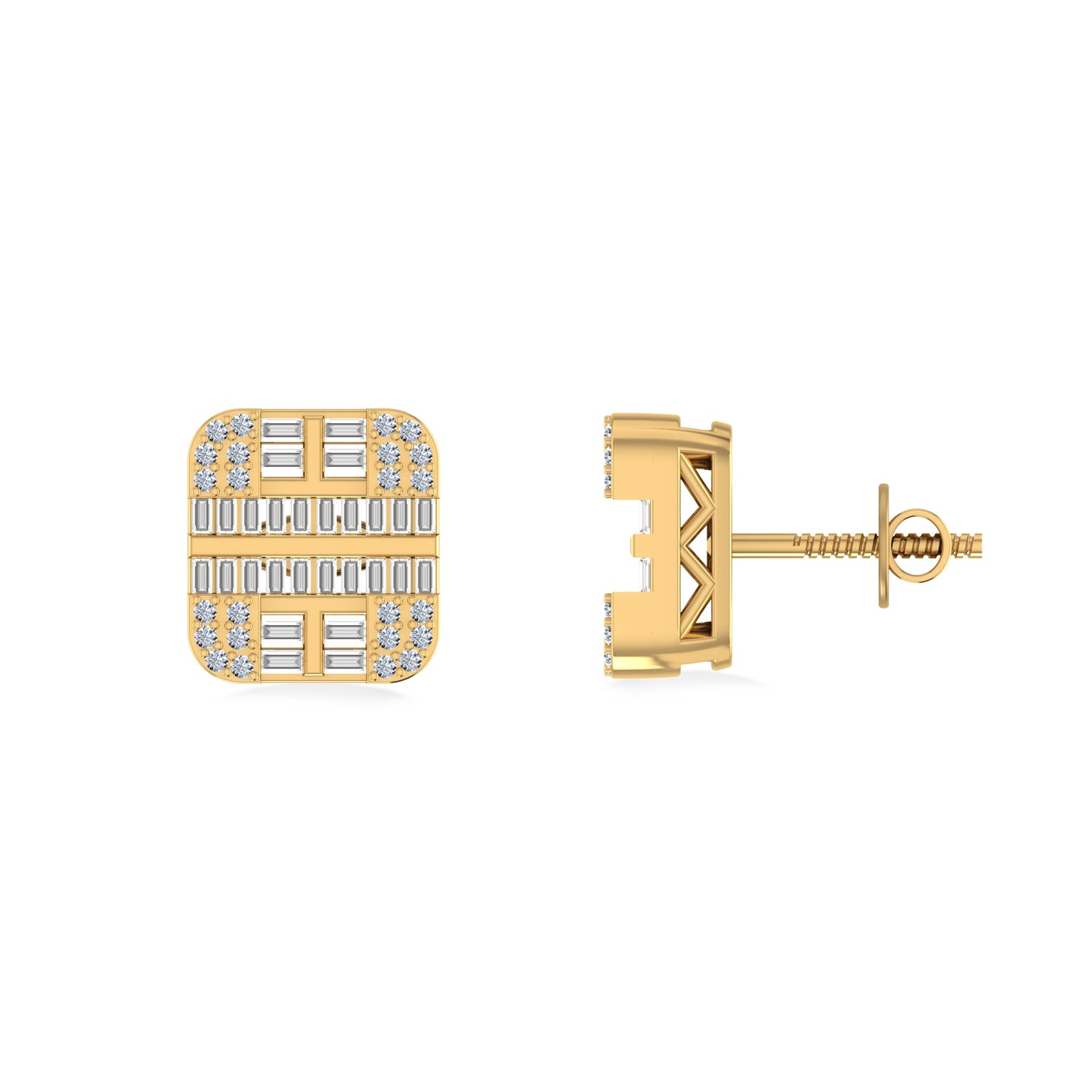 10K Yellow Gold Round Diamond Square Shape Designer Mens Stud Earring 1/3 Cttw