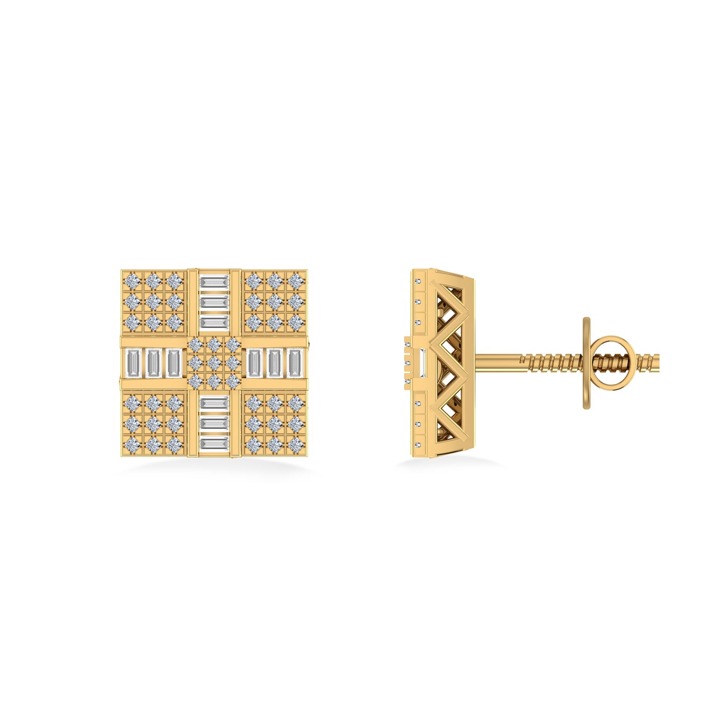 10K Yellow Gold Round Baguette Diamond Square Shape Designer Mens Stud Earring 1/3 Cttw