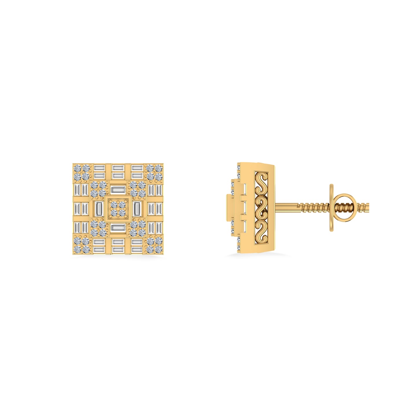 10K Yellow Gold Round Baguette Diamond Square Shape Designer Mens Stud Earring 3/8 CT