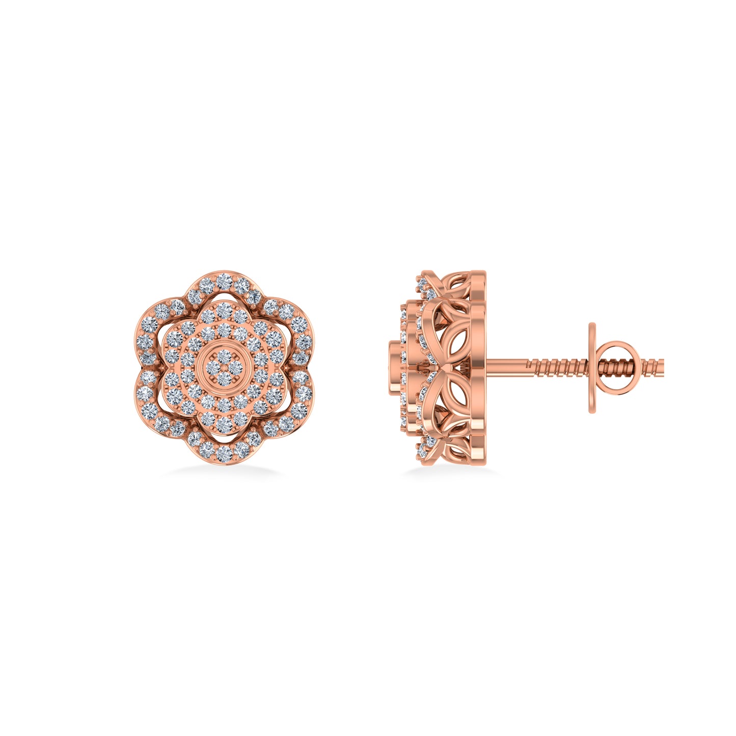 10K Rose Gold Round Diamond Floral Designer Mens Stud Earring 1/5 Cttw