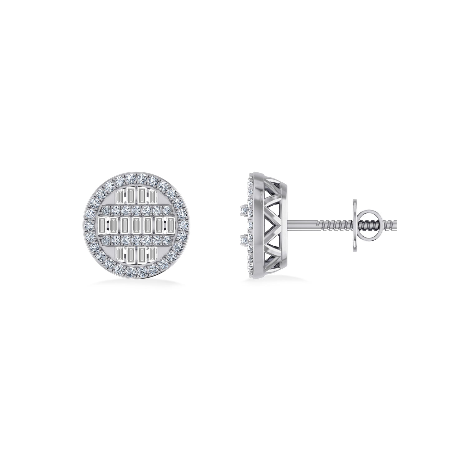 10K White Gold Round Baguette Diamond Designer Mens Stud Earring 3/8 CT
