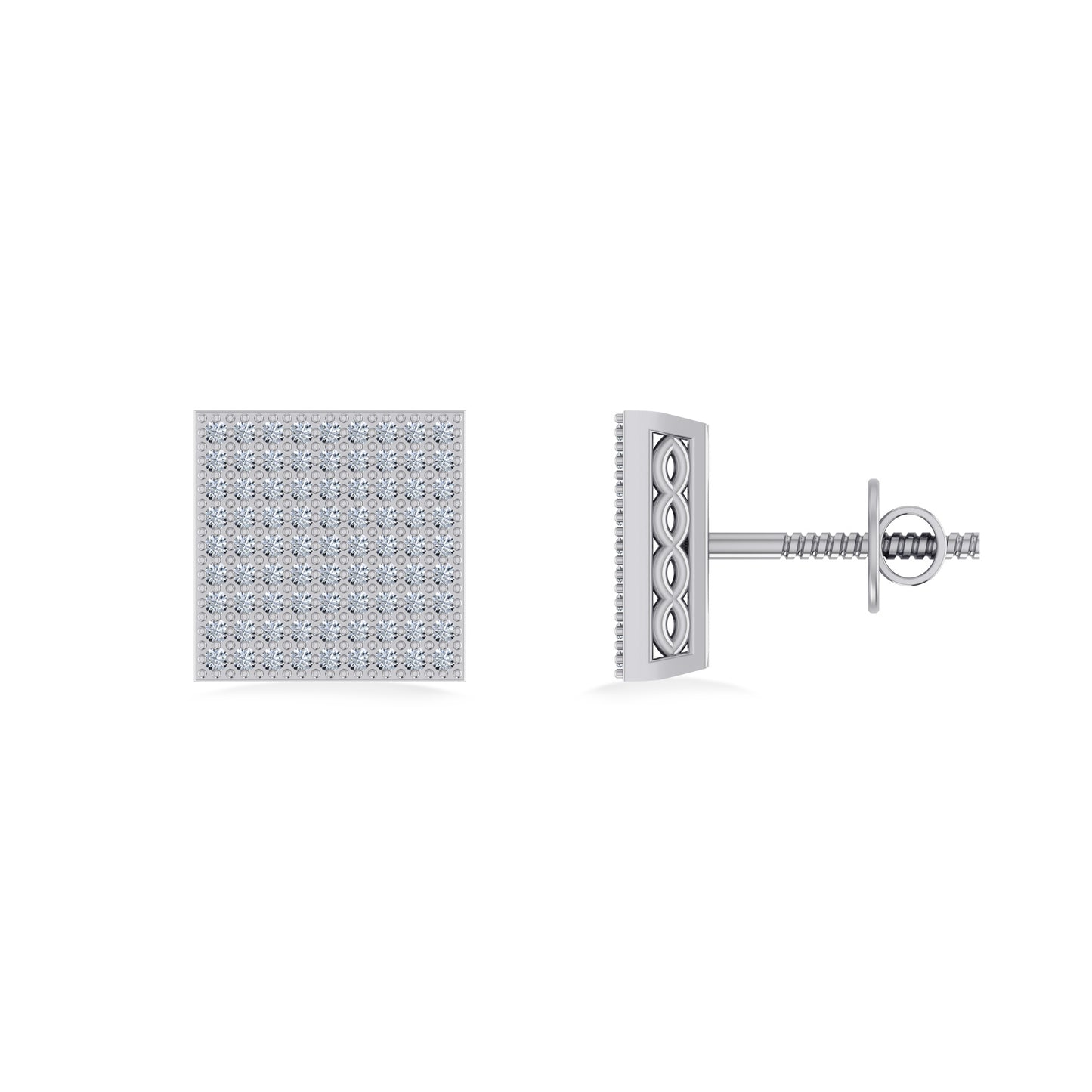 10K White Gold Round Diamond Square Shape Designer Mens Stud Earring 3/8 Cttw