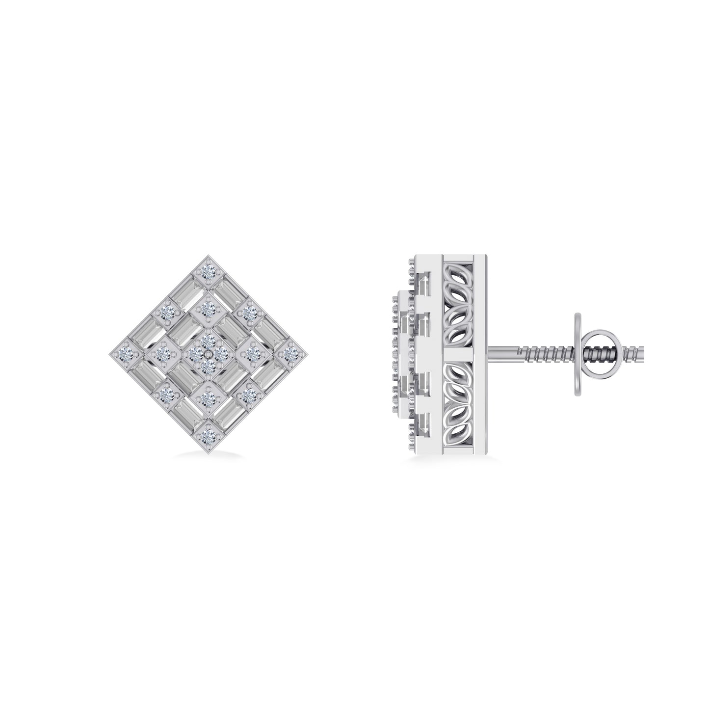 10K White Gold Round Baguette Natural Diamond Square Shape Designer Mens Stud Earring 1/3 Ct