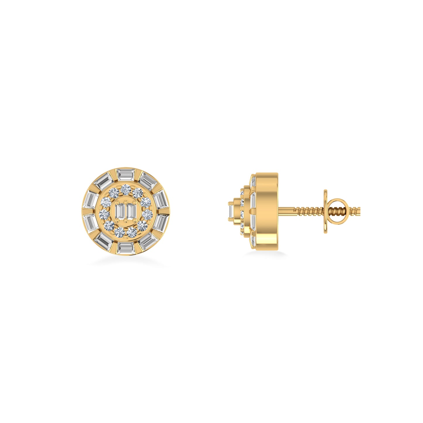 10K Yellow Gold Round Baguette Diamond Designer Earring 1/4 Cttw