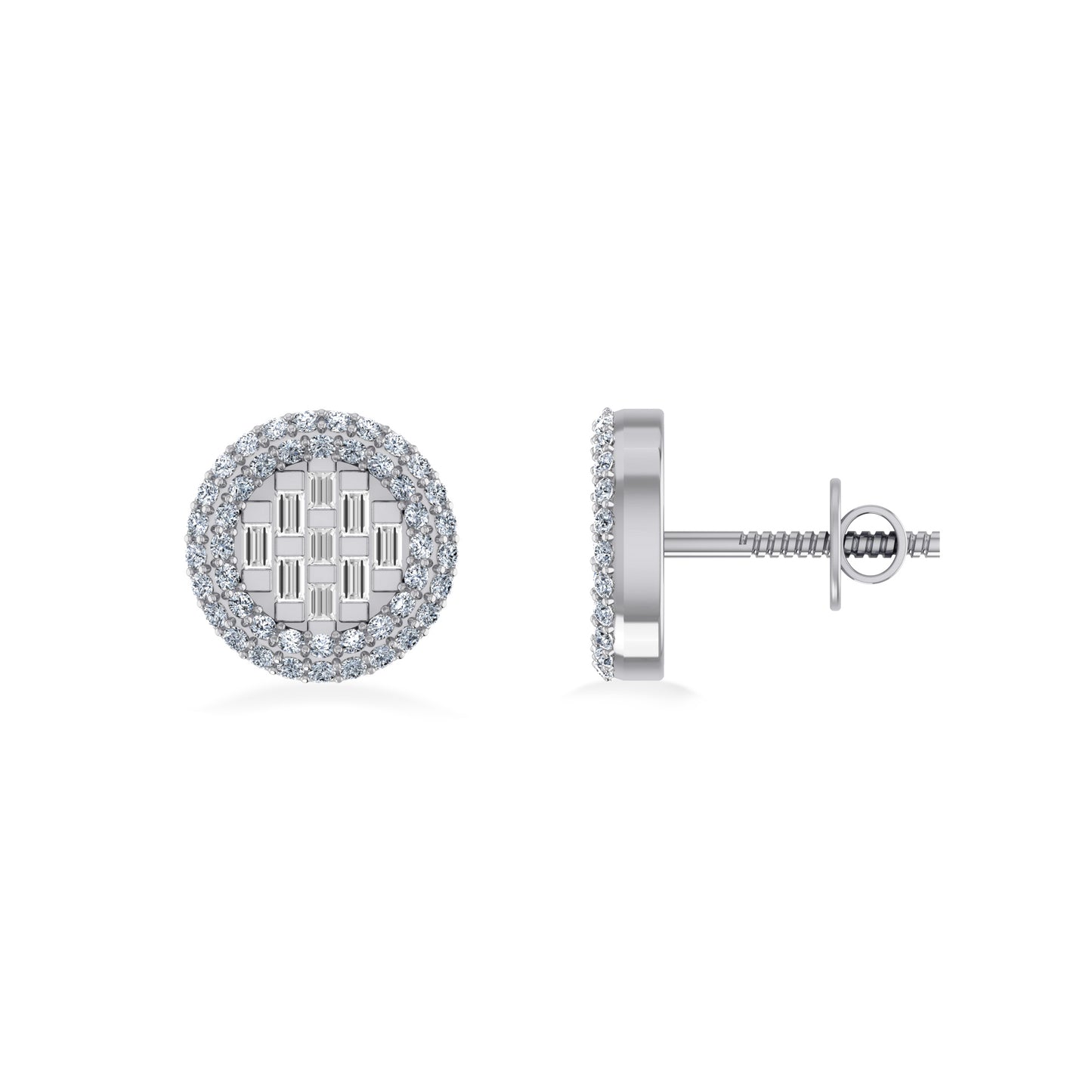 10K White Gold Round Baguette Diamond Halo Designer Earring 3/8 Cttw