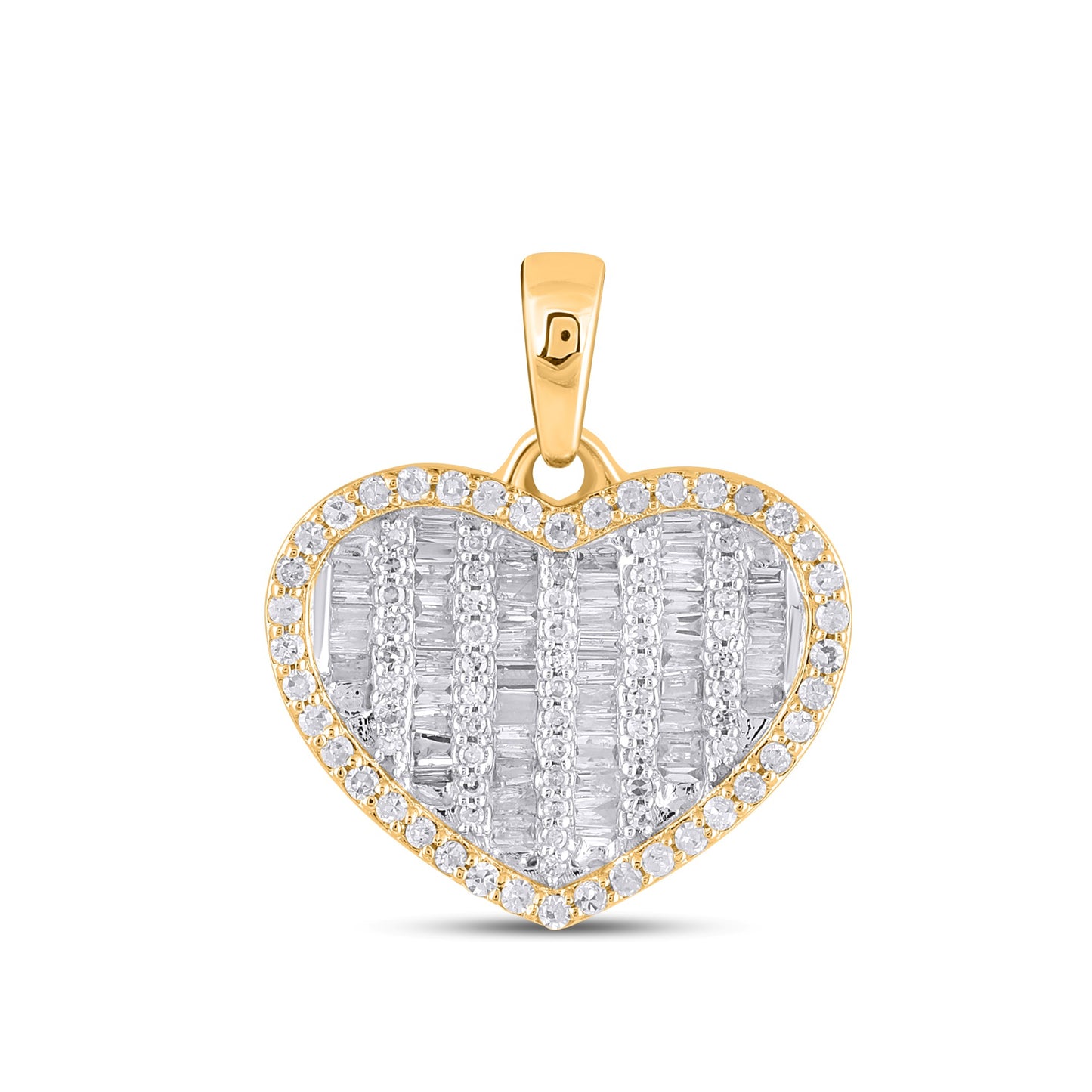 10K Yellow Gold Round Baguette Diamond Heart Pendant 1/2 CT