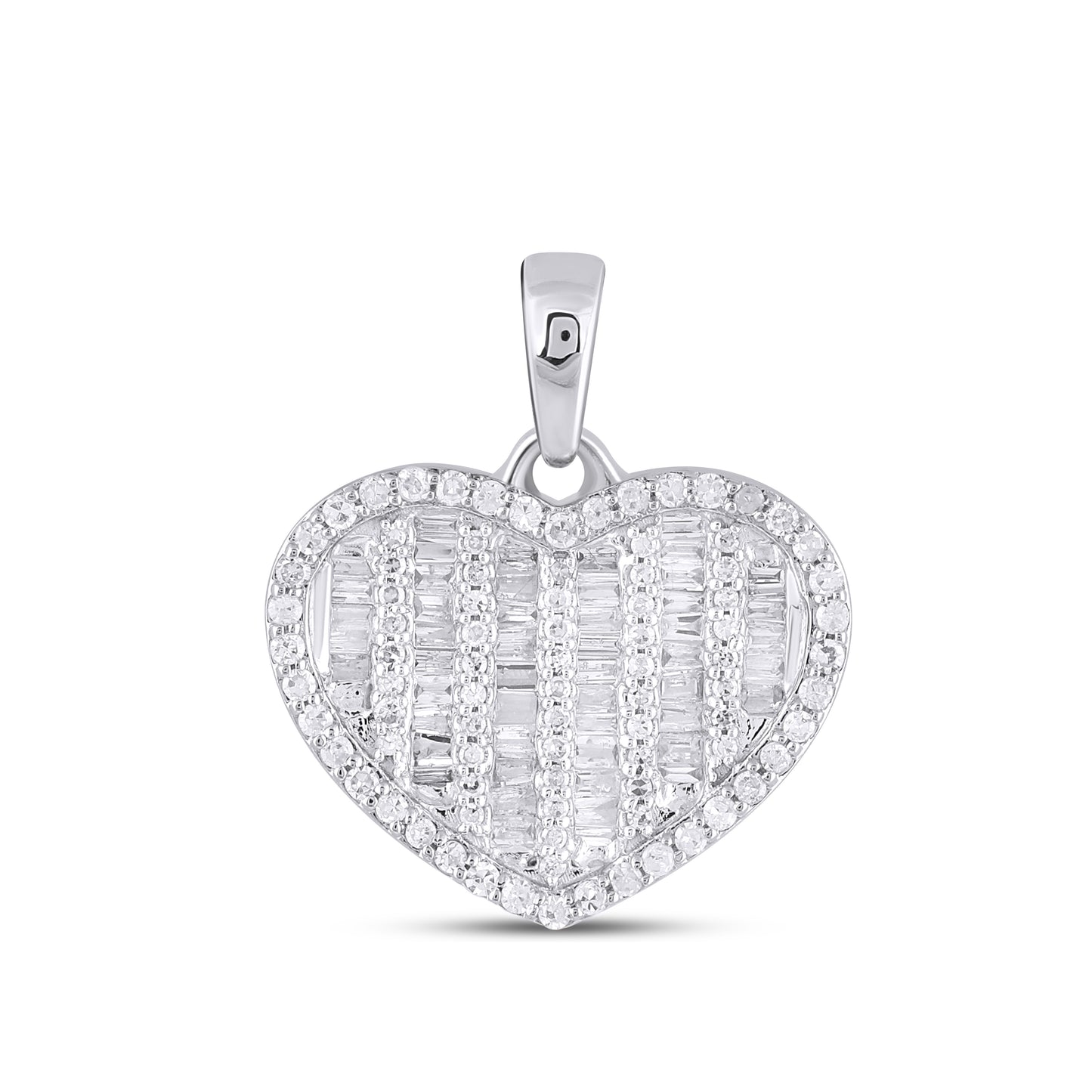 10K White Gold Round Baguette Diamond Heart Pendant 1/2 CT
