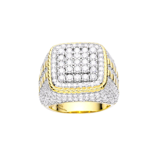 Elegant mens moissanite sterling silver ring featuring a square design and gold accents