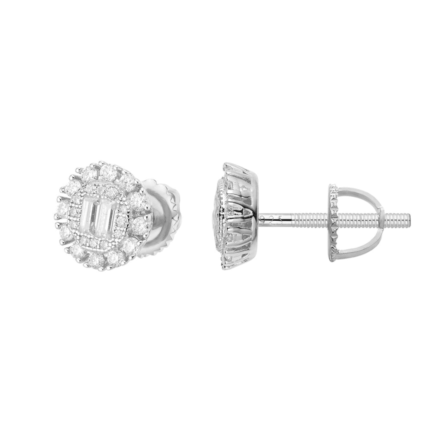 Sterling Silver Round Baguette Moissanite Designer Stud Earrings Rhodium Plated 5/8 CT