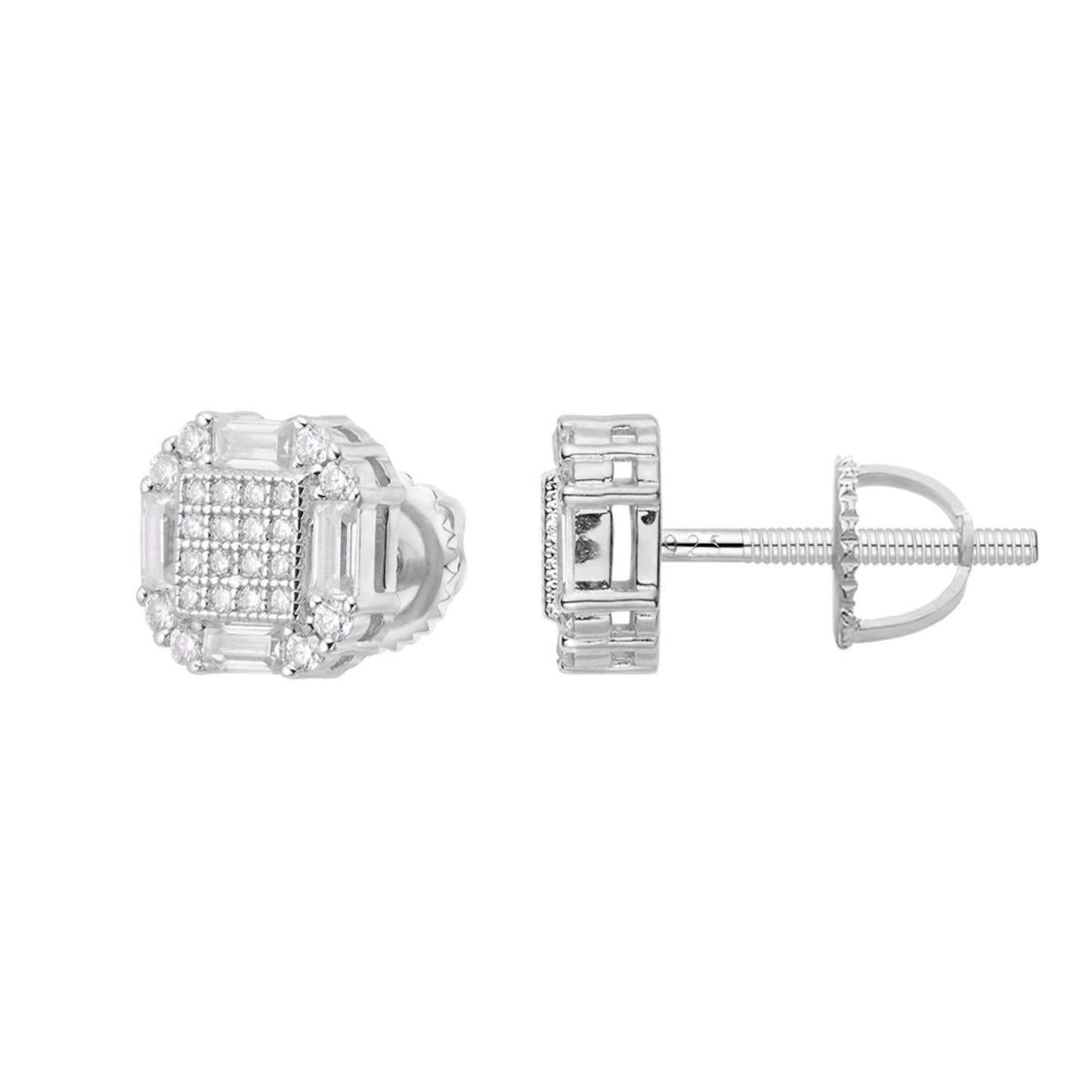 Sterling Silver Round Baguette Moissanite Designer Stud Earrings Rhodium Plated 7/8 CT