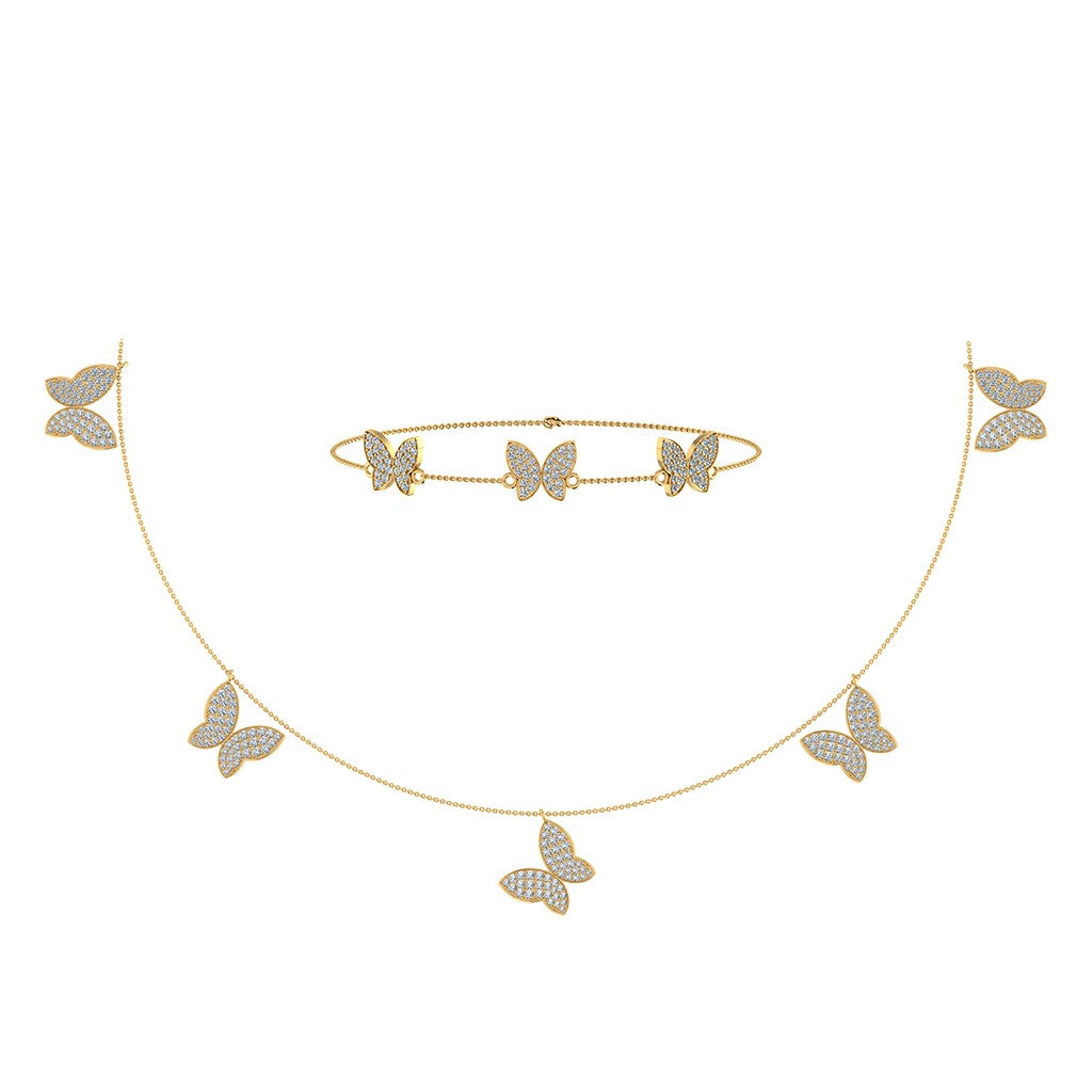 14K White Gold Butterfly Necklace Bracelet Set 1-7/8 Cttw