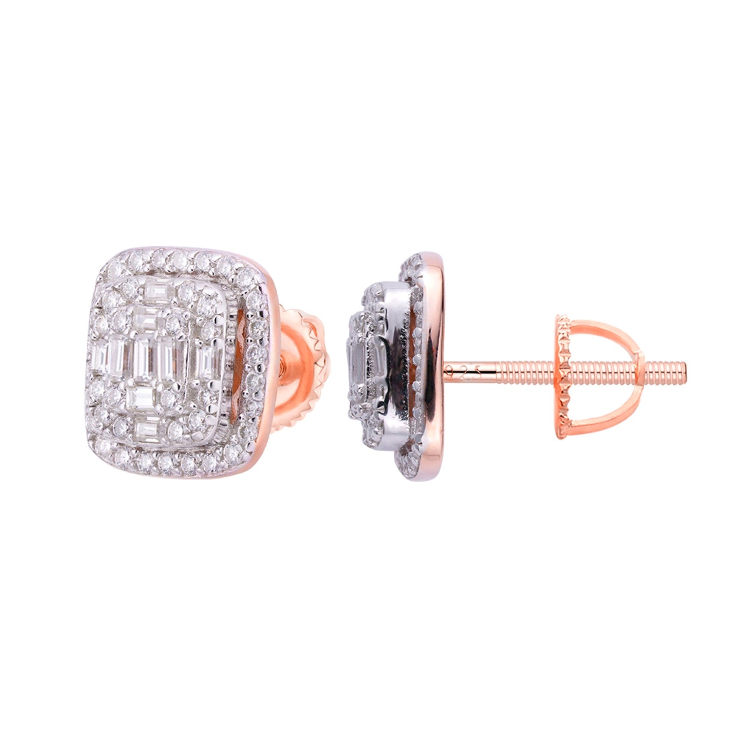 S.Silver Round Baguette Moissanite Halo Square Shape Designer Stud Earrings RP+PP 3/4 Cttw