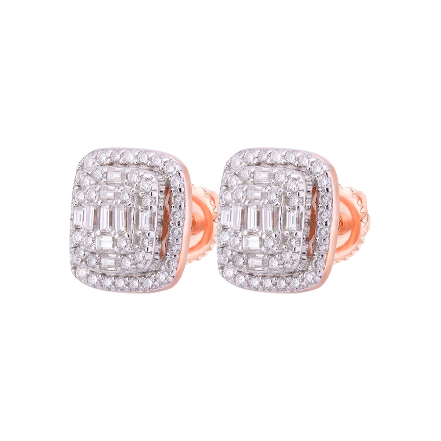 S.Silver Round Baguette Moissanite Halo Square Shape Designer Stud Earrings RP+PP 3/4 Cttw