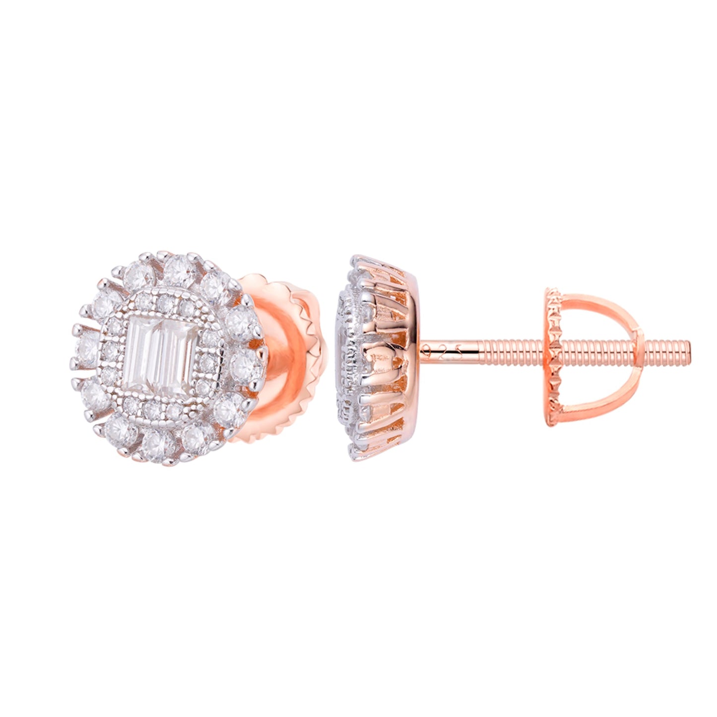Sterling Silver Round Baguette Moissanite Floral Stud Earrings Rhodium Plated Rose Gold Plated 5/8 CT