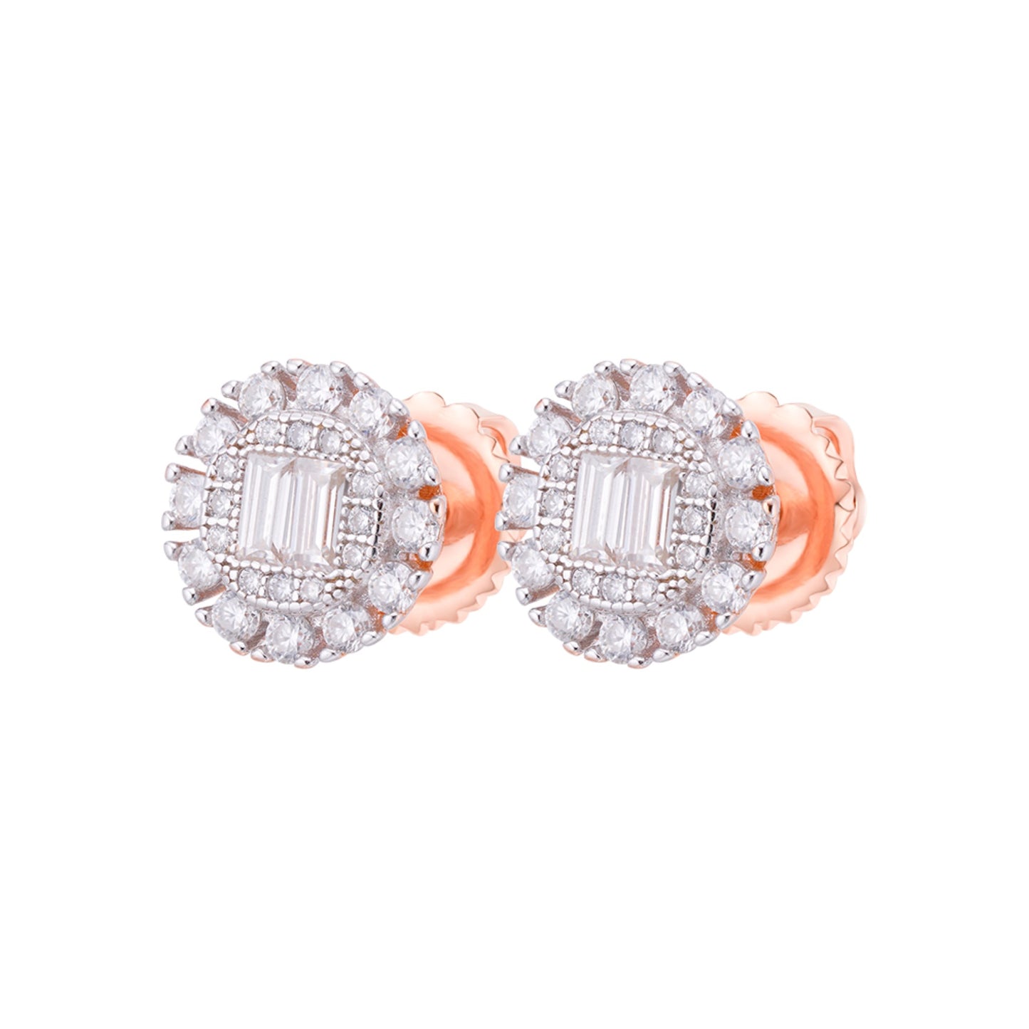 S.Silver Round Baguette Moissanite Floral Stud Earrings RP+PP 5/8 Cttw