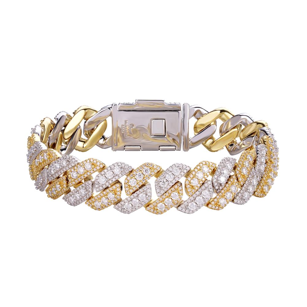 Sterling Silver Round Big Stone in Center Surrounded with Small Stones 14mm Moissanite Cuban Chain 8.5 Inch Bracelet RP+GP 12-3/4 Cttw