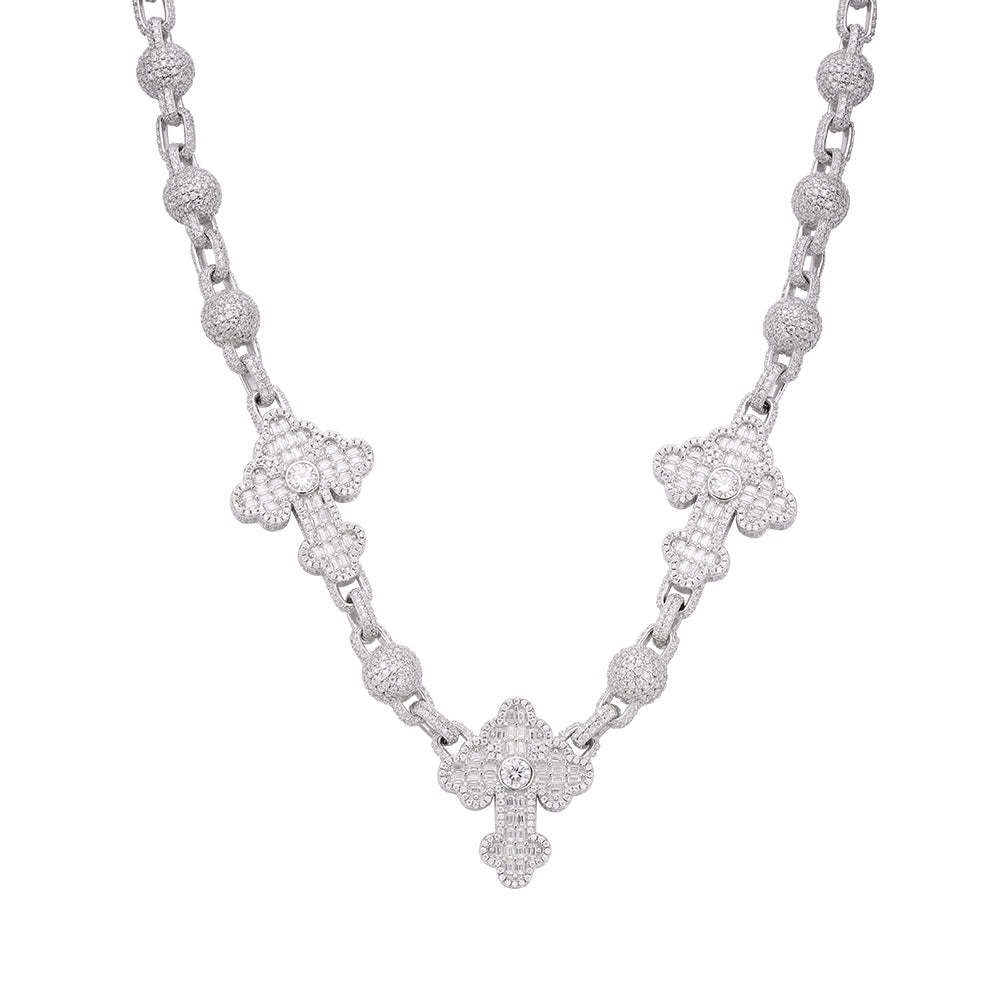 Sterling Silver Round Baguette Moissanite Cross Religious 22 Inch Necklace Rhodium Plated 38-1/3 CT