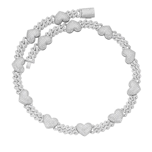 Sterling Silver Round Moissanite Cuban Heart Link Designer 18 Inch Necklace RP 15-1/2 Cttw