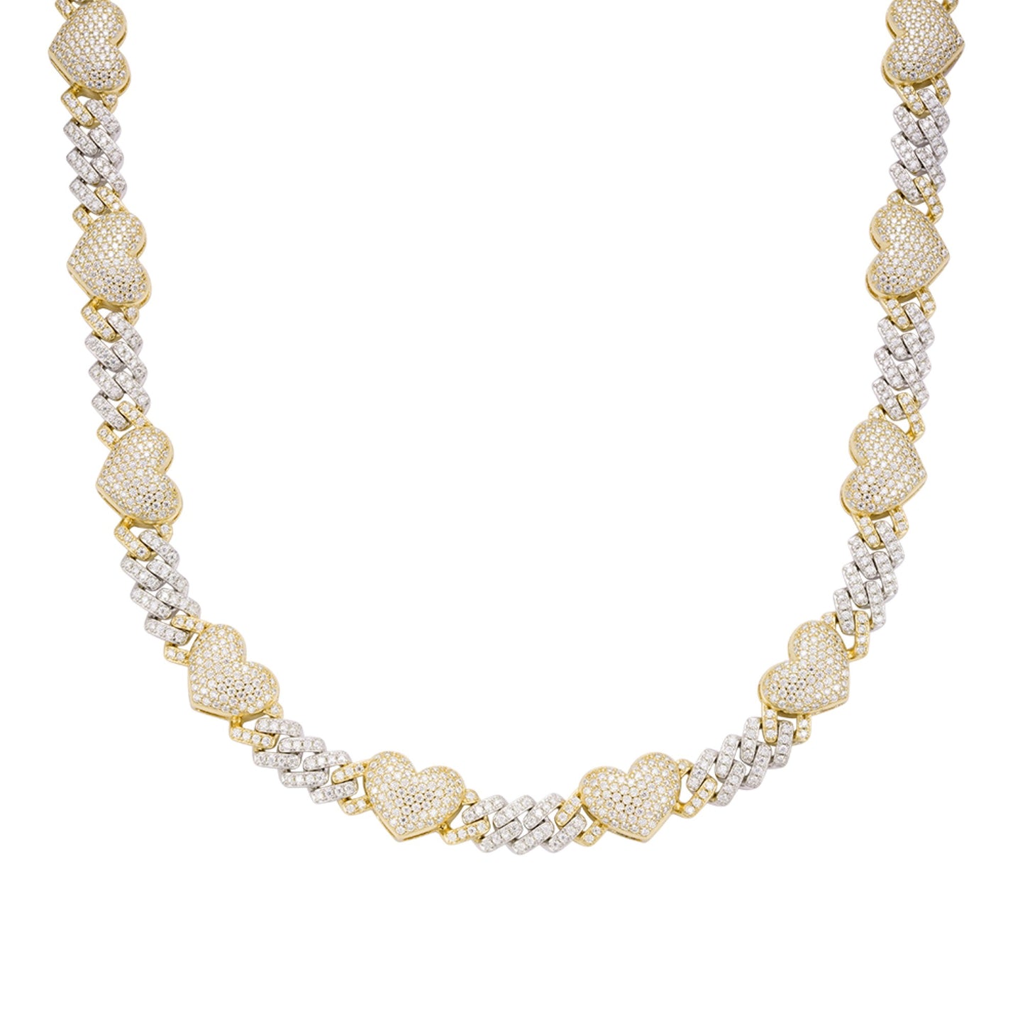 Sterling Silver Round Moissanite Cuban Heart Link Designer 18 Inch Necklace Rhodium Plated & Gold Plated 15-1/2 CT