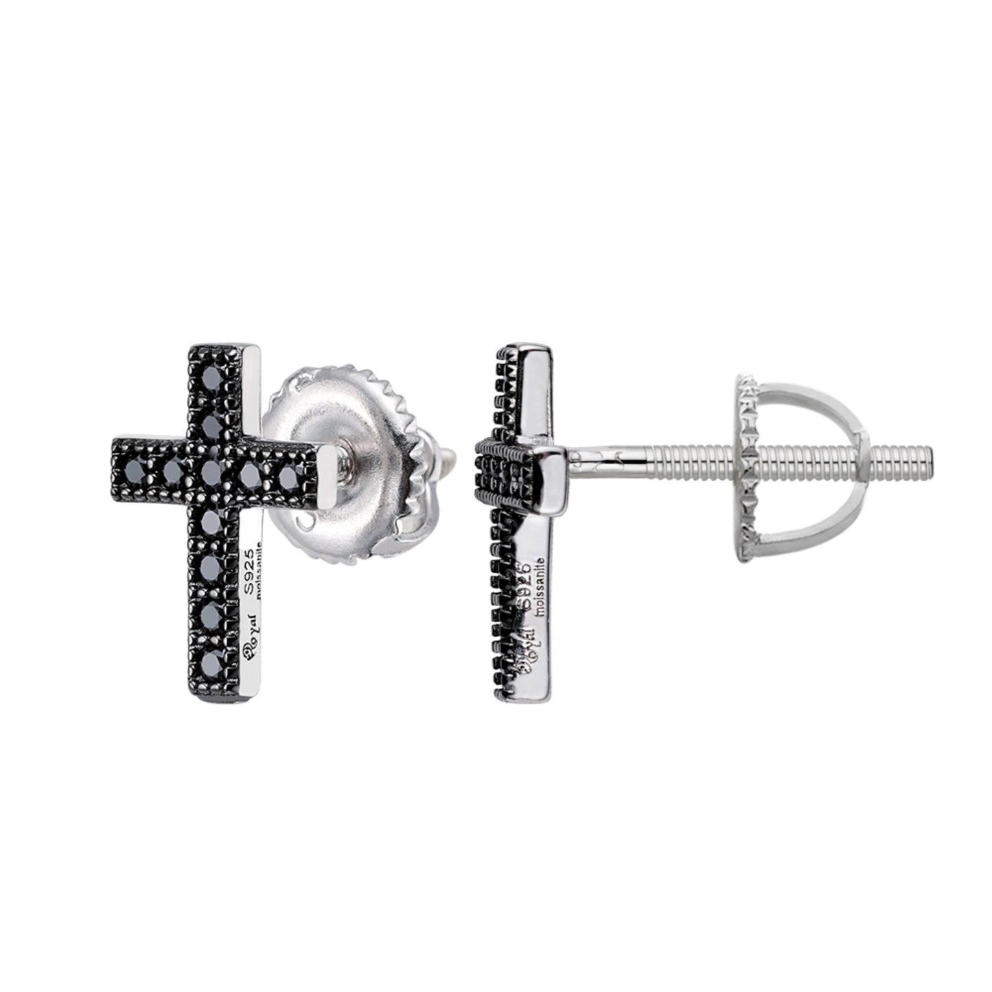 Sterling Silver Round Black Moissanite Cross Religious Stud Earrings BP Rhodium Plated 1/5 CT