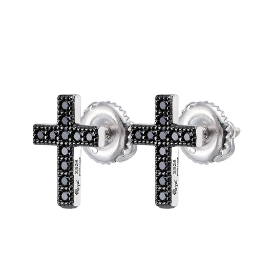 S.Silver Round Black Moissanite Cross Religious Stud Earrings BP+RP 1/5 Cttw