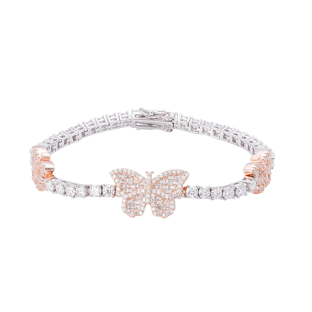 Sterling Silver Round Baguette 3mm Tennis Moissanite Butterfly Designer 7Inch Bracelet RP+PP 6 Cttw
