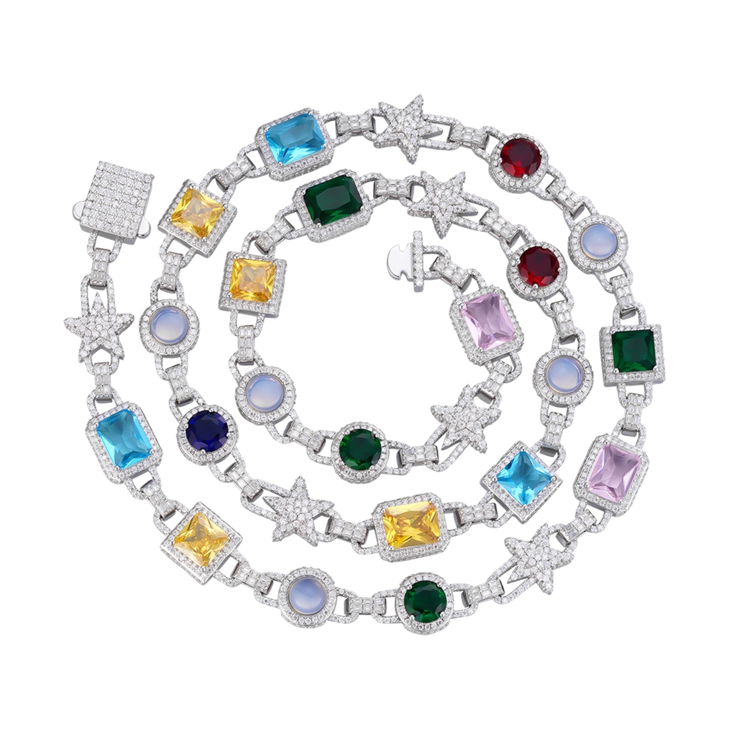 Sterling Silver Round Moissanite Star with Color Stone Designer 22 Inch Necklace RP 15-1/2 Cttw
