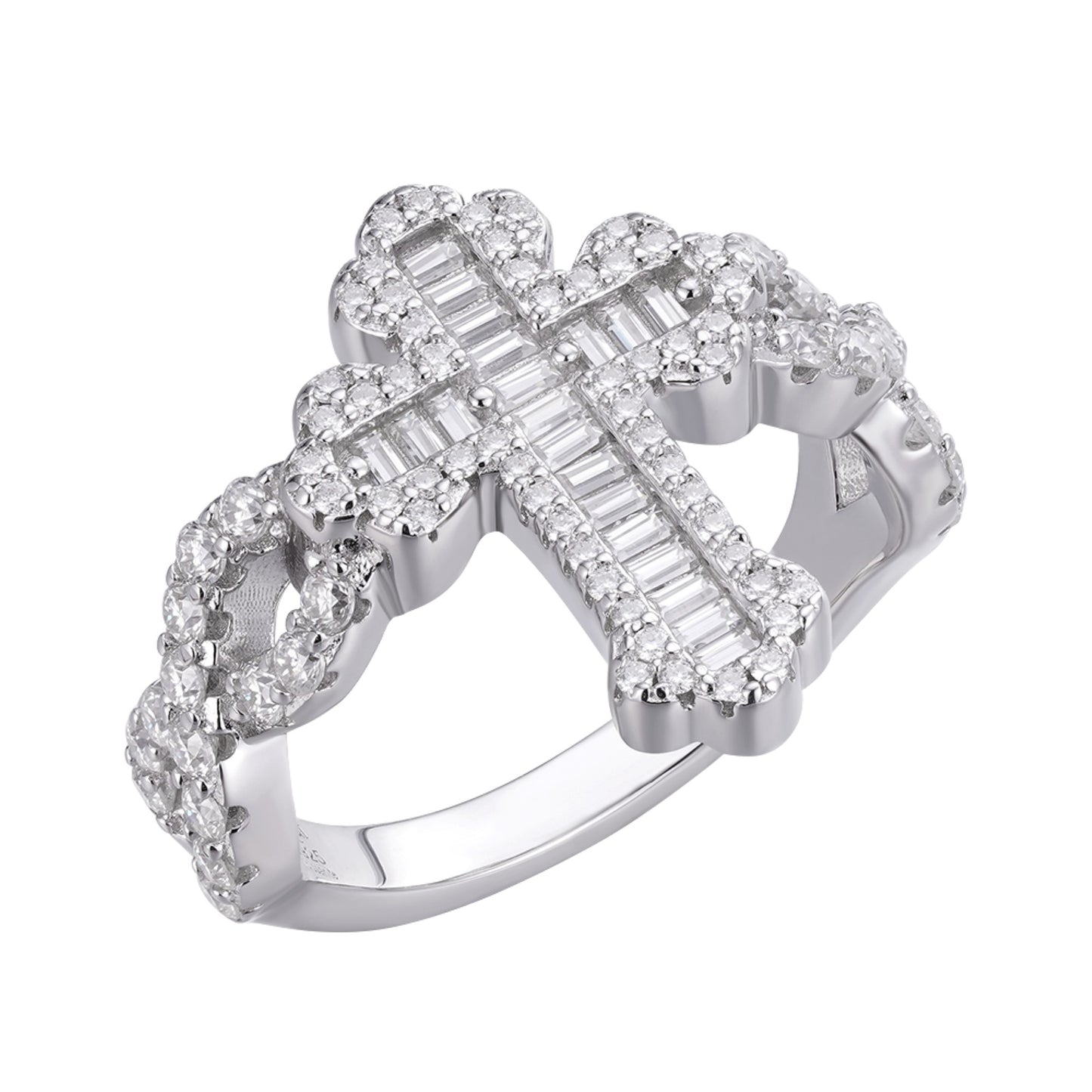 Sterling Silver Round Baguette Moissanite Cross Religious SZ 9 Ring Rhodium Plated 1-5/8 CT