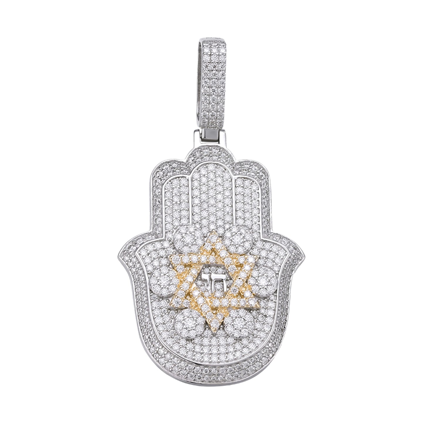 Sterling Silver Round Moissanite Hamza Hand Religious Pendant Rhodium Plated & Gold Plated 3-5/8 CT