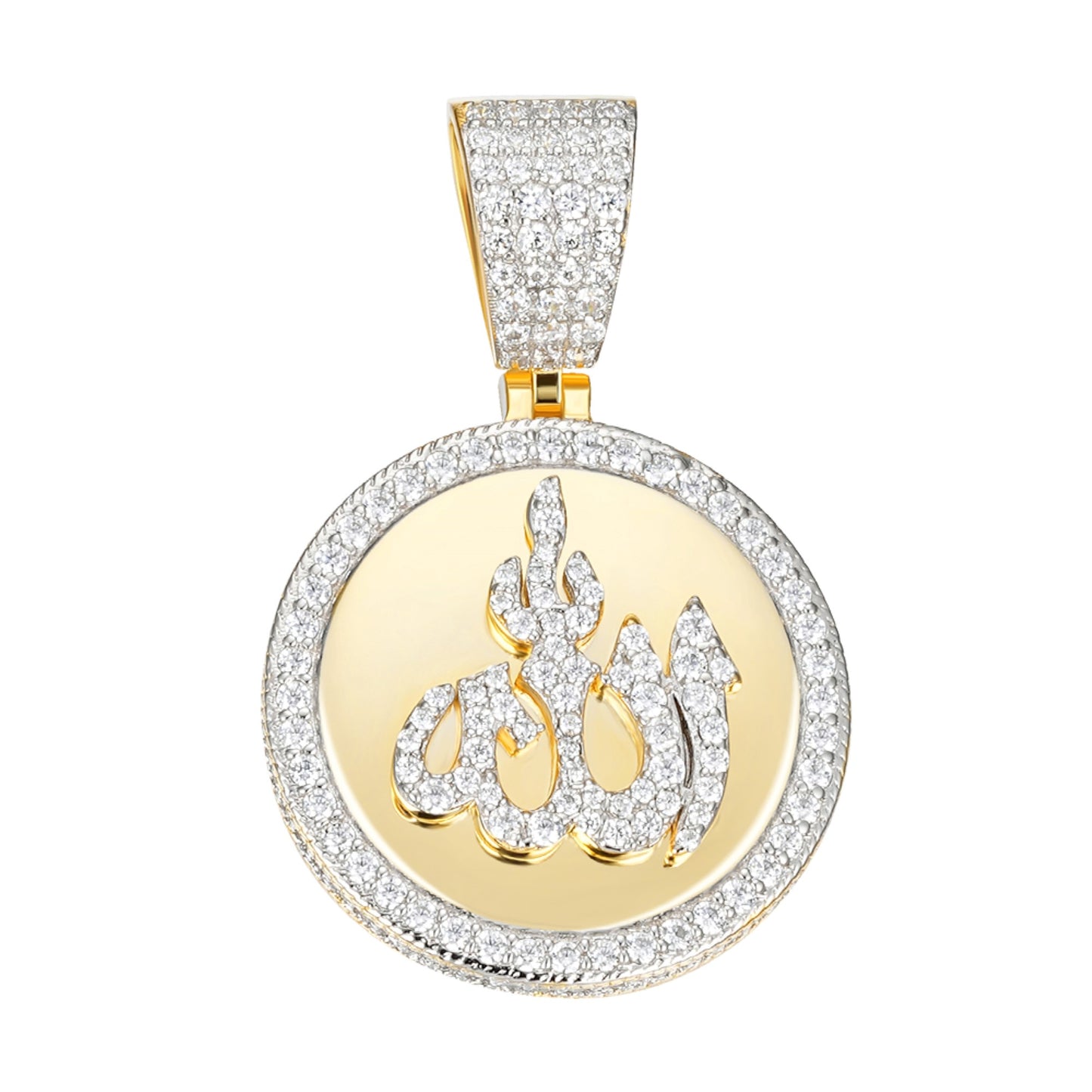 Sterling Silver 35mm Round Moissanite Muslim God Allah Religious Pendant Rhodium Plated & Gold Plated 4-5/8 CT