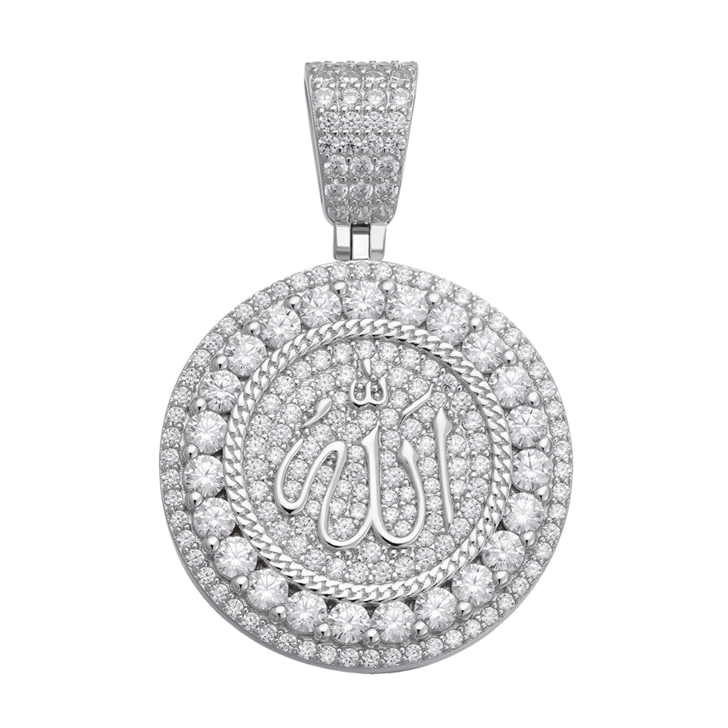 Sterling Silver 35mm Round Moissanite Muslim God Allah Religious Pendant Rhodium Plated 8 CT