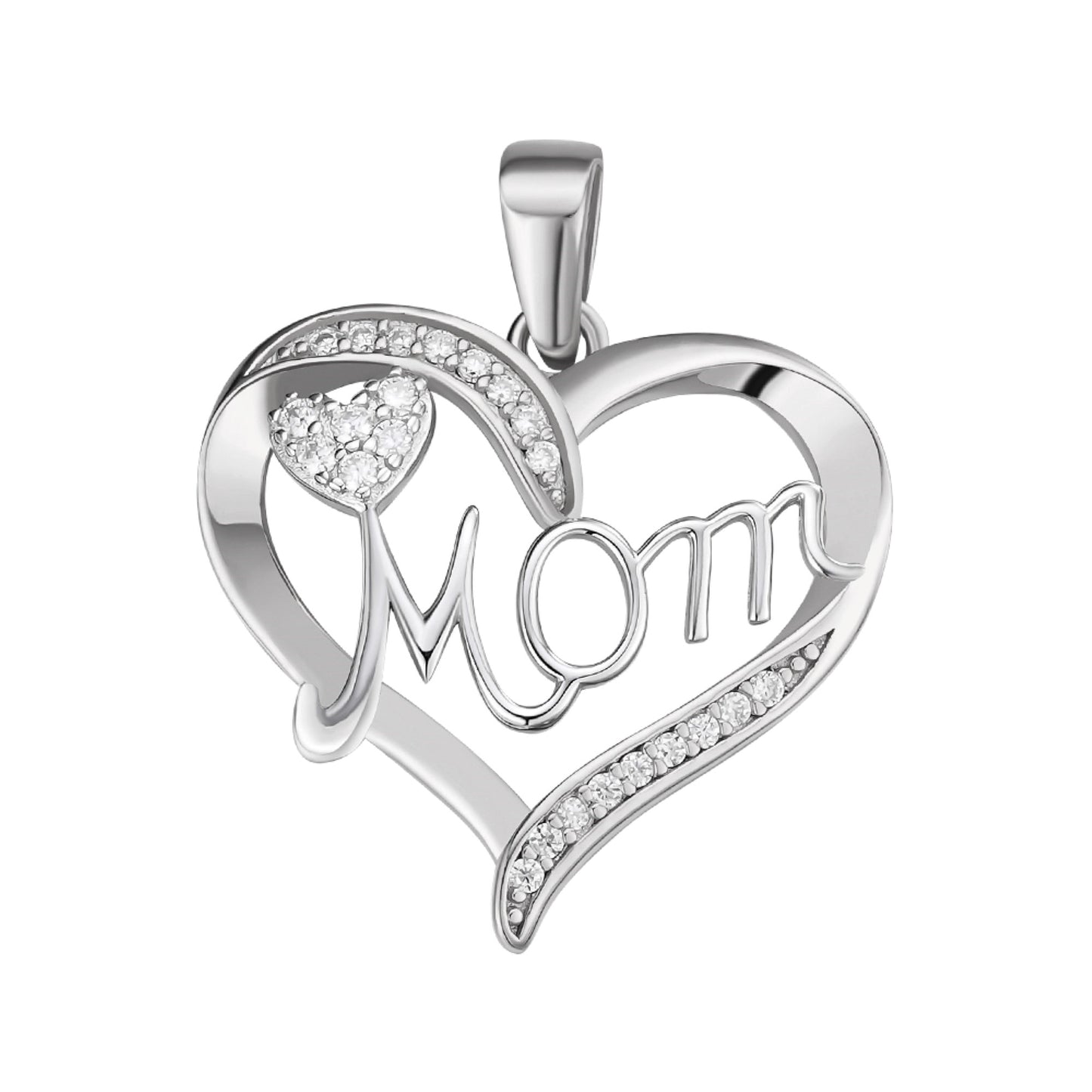 Sterling Silver Round Moissanite MOM Heart Designer Pendant Rhodium Plated 1/8 CT