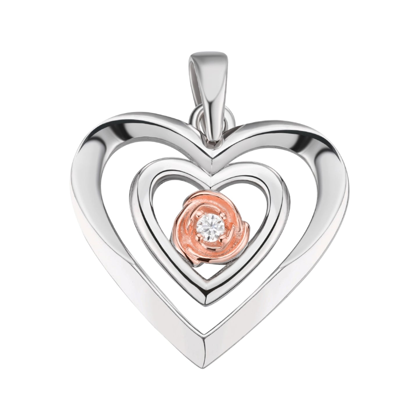 Sterling Silver Round Moissanite Solitaire Heart Designer Pendant Rhodium Plated Rose Gold Plated 1/10 CT