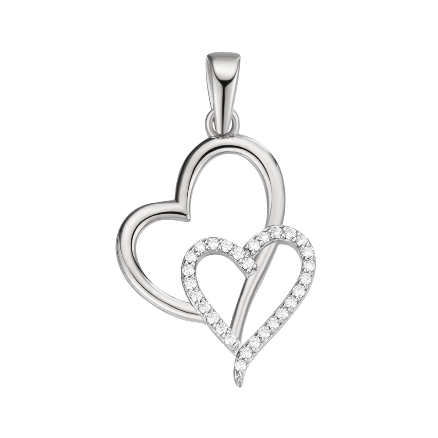 Sterling Silver Round Moissanite Double Heart Infinity Designer Pendant Rhodium Plated 1/6 CT