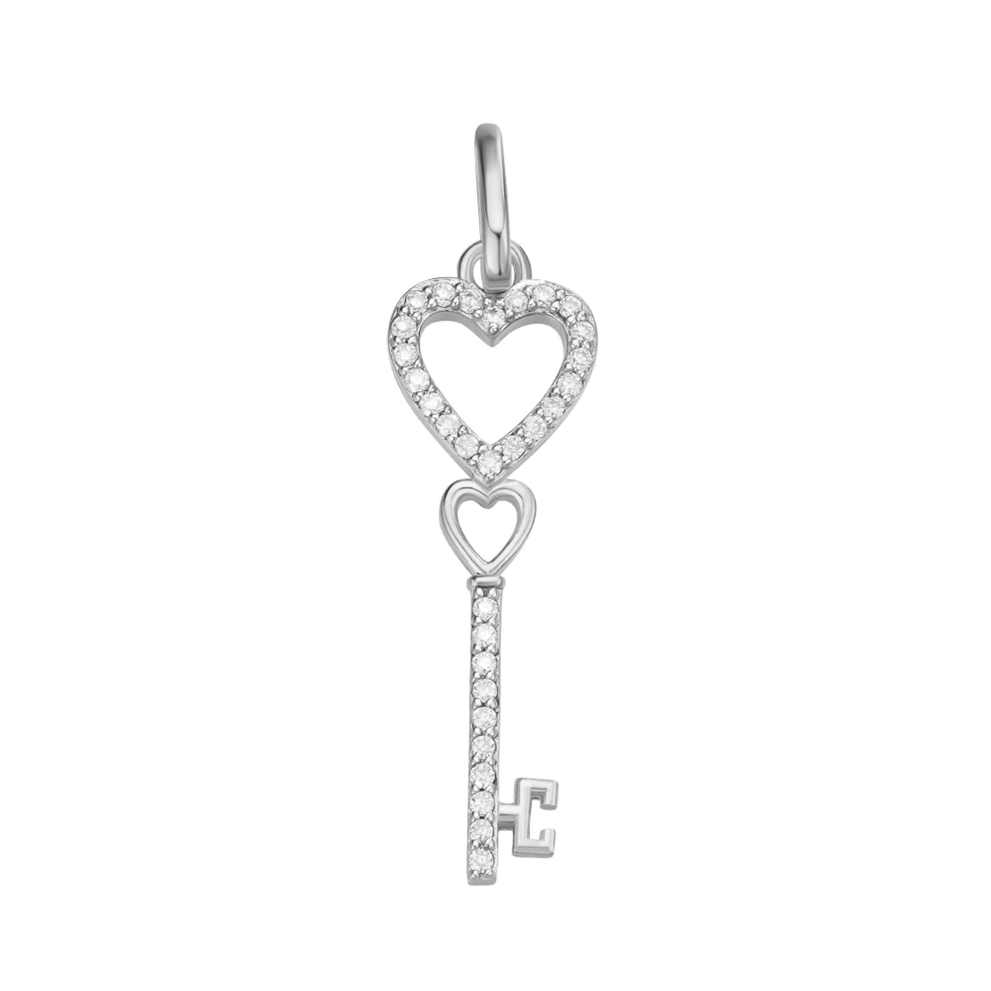 Sterling Silver Round Moissanite Double Heart Key Designer Pendant Rhodium Plated 1/6 CT