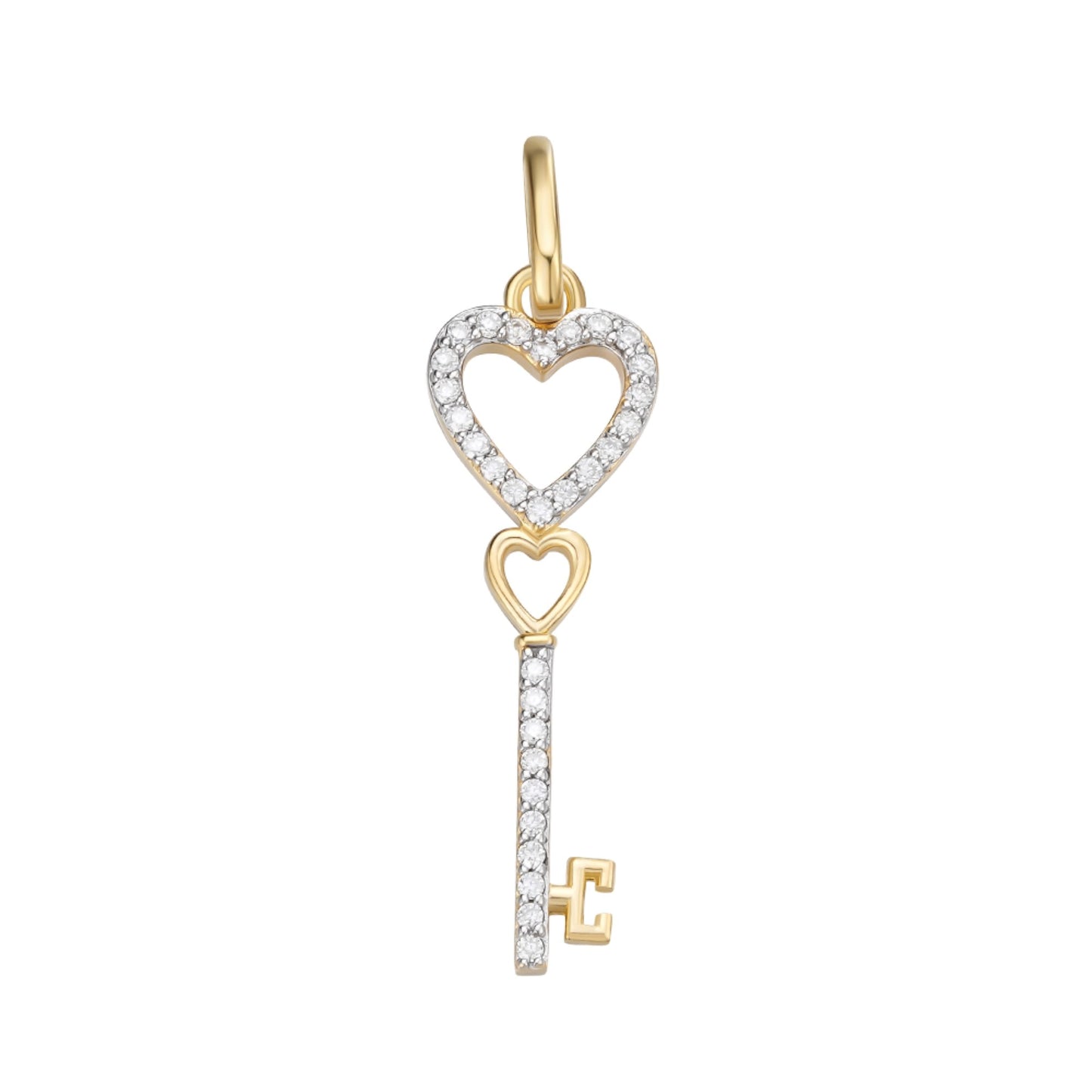 Sterling Silver Round Moissanite Double Heart Key Designer Pendant Rhodium Plated & Gold Plated 1/6 CT