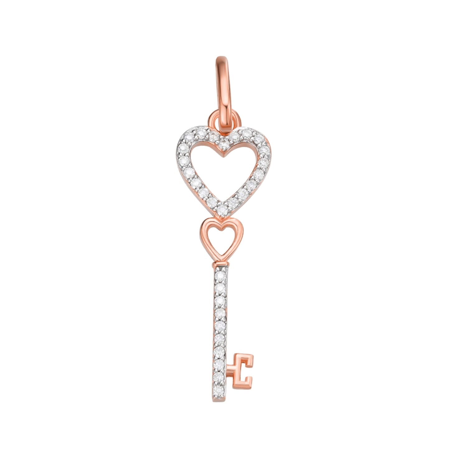 Sterling Silver Round Moissanite Double Heart Key Designer Pendant Rhodium Plated Rose Gold Plated 1/6 CT