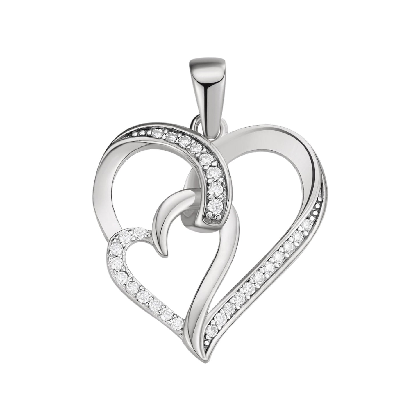 Sterling Silver Round Moissanite Double Heart Infinity Designer Pendant Rhodium Plated 1/6 CT