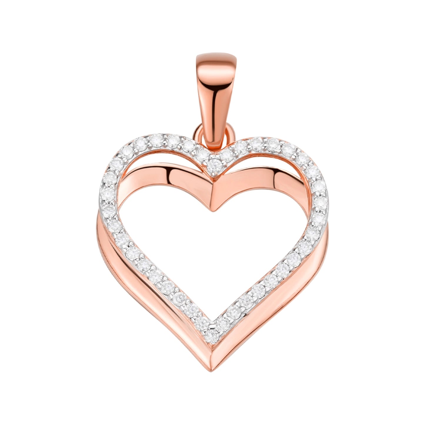 Sterling Silver Round Moissanite Double Row Heart Designer Pendant Rhodium Plated Rose Gold Plated 1/5 CT