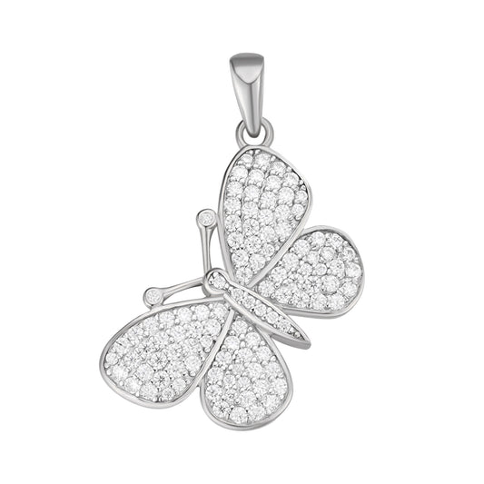 Sterling silver butterfly pendant with a sparkling pave gemstone design for elegant fashion
