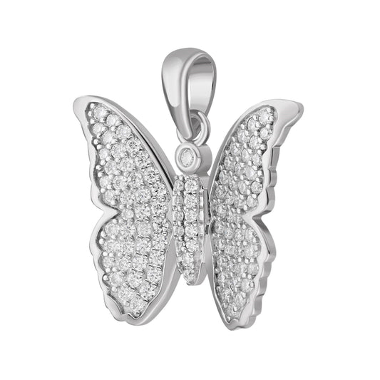 Elegant moissanite butterfly pendant in silver, featuring sparkling stone details and a polished finish